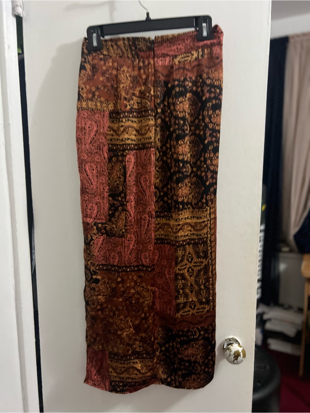 Zara Patchwork Paisley Maxi Skirt in Rust, Black & Gold